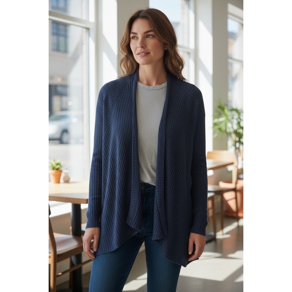 J. Jill Womens Blue Linen Cotton Blend Ribbed Open Front Cardigan Sweater Size M